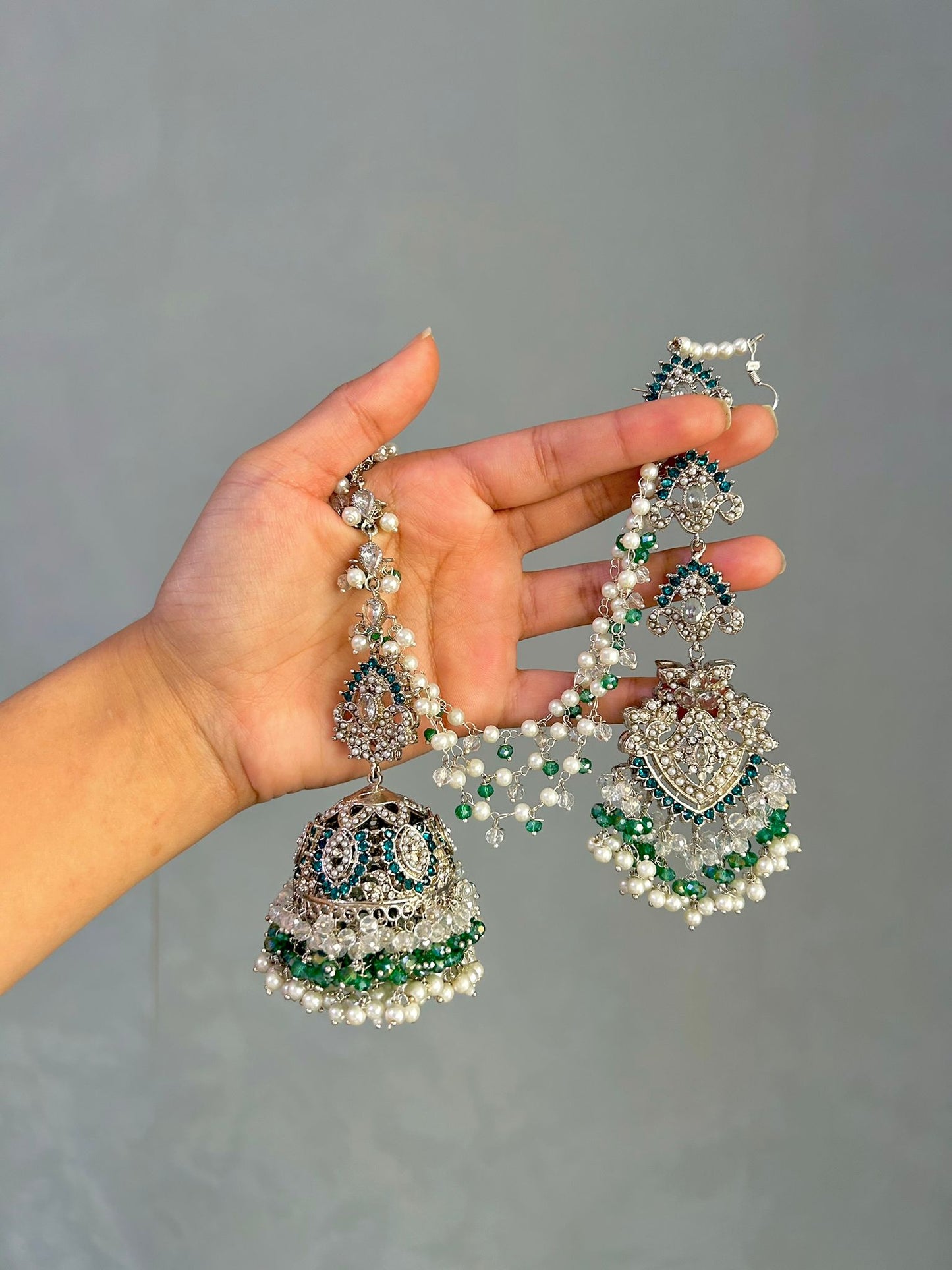 Natalia earring & tikka set ~ silver&blue-green shades