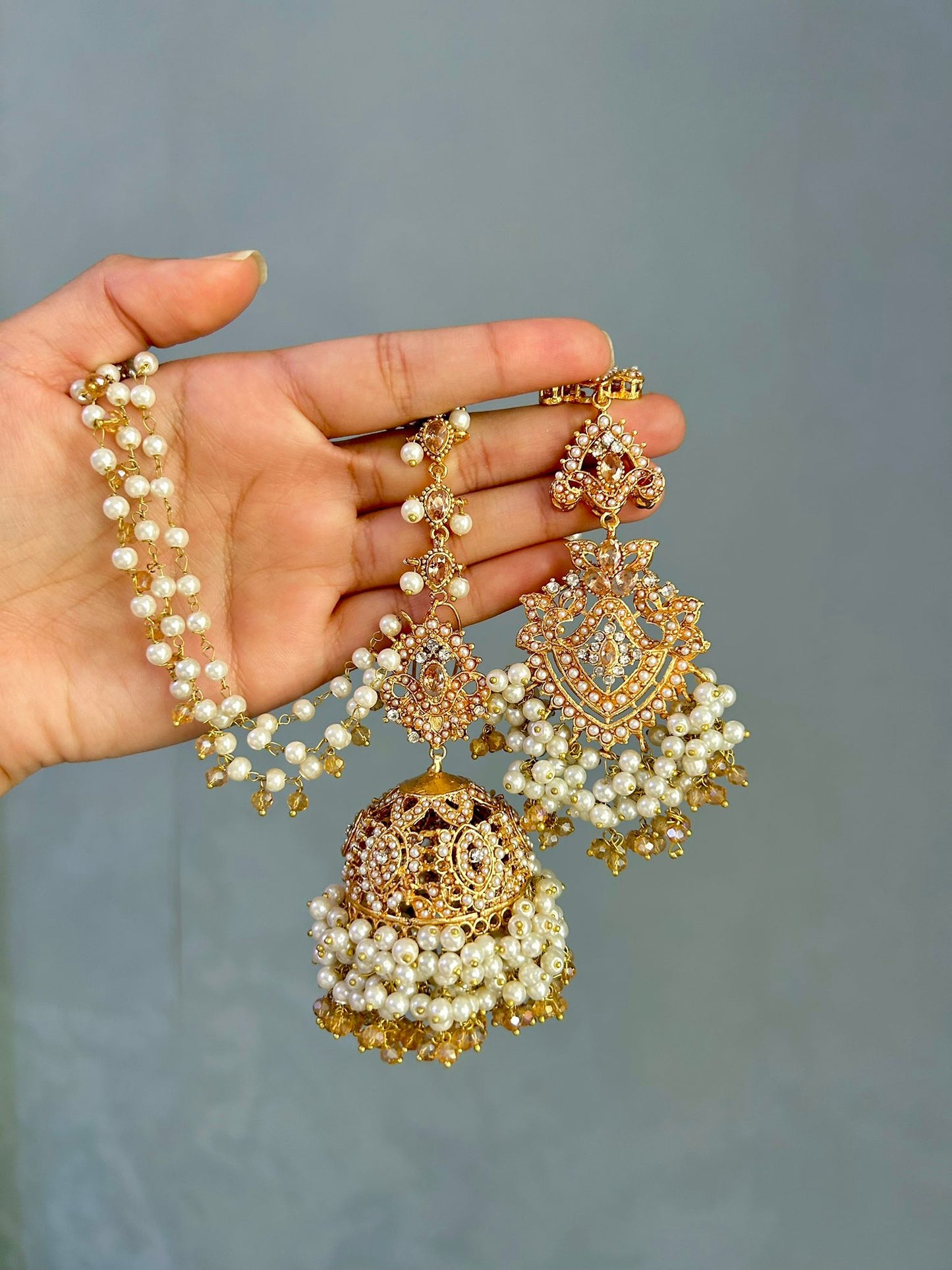 Natalia earring & tikka set ~ pearl&champagne