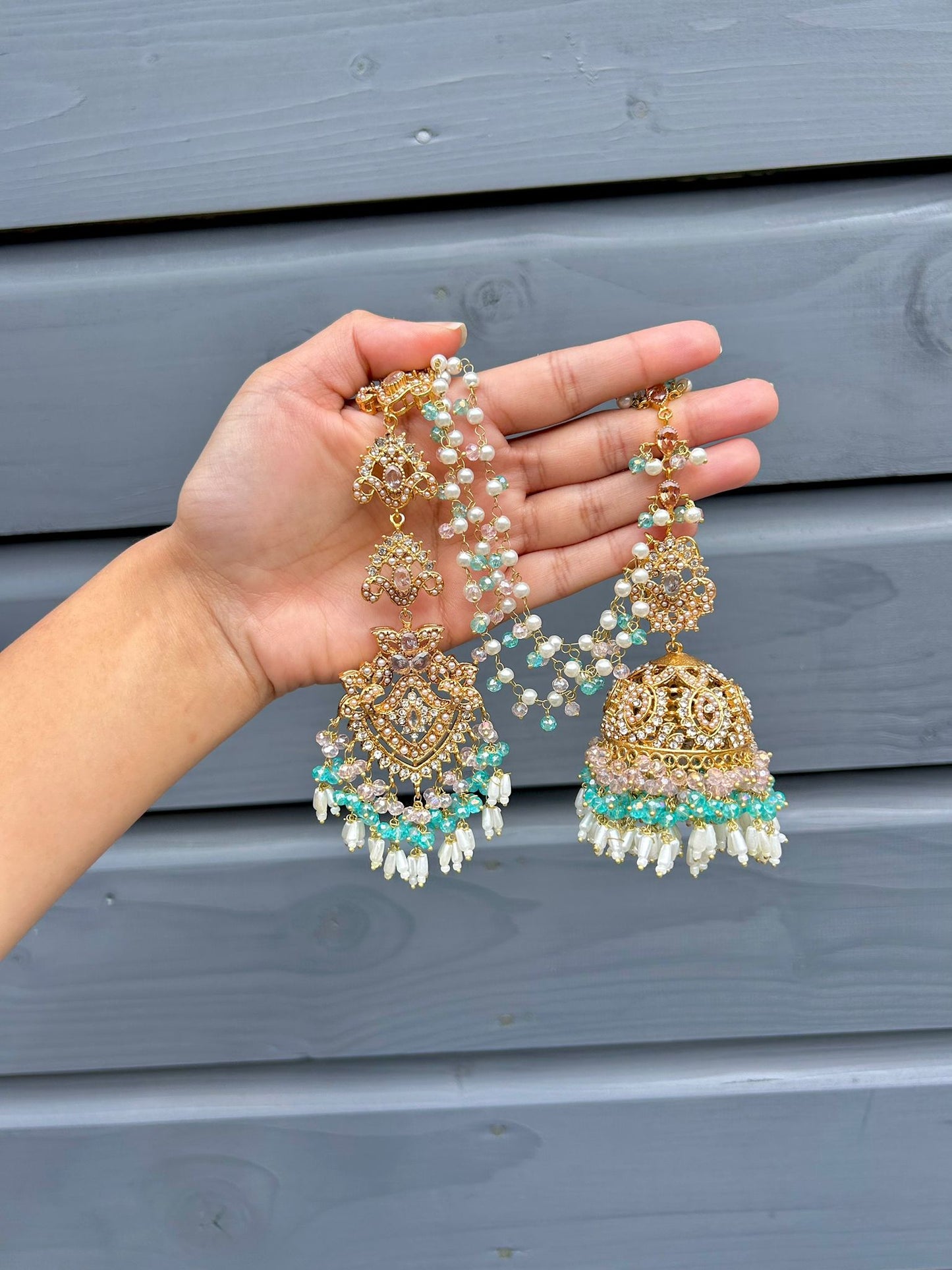 Natalia earring & tikka set ~ baby pink&aqua