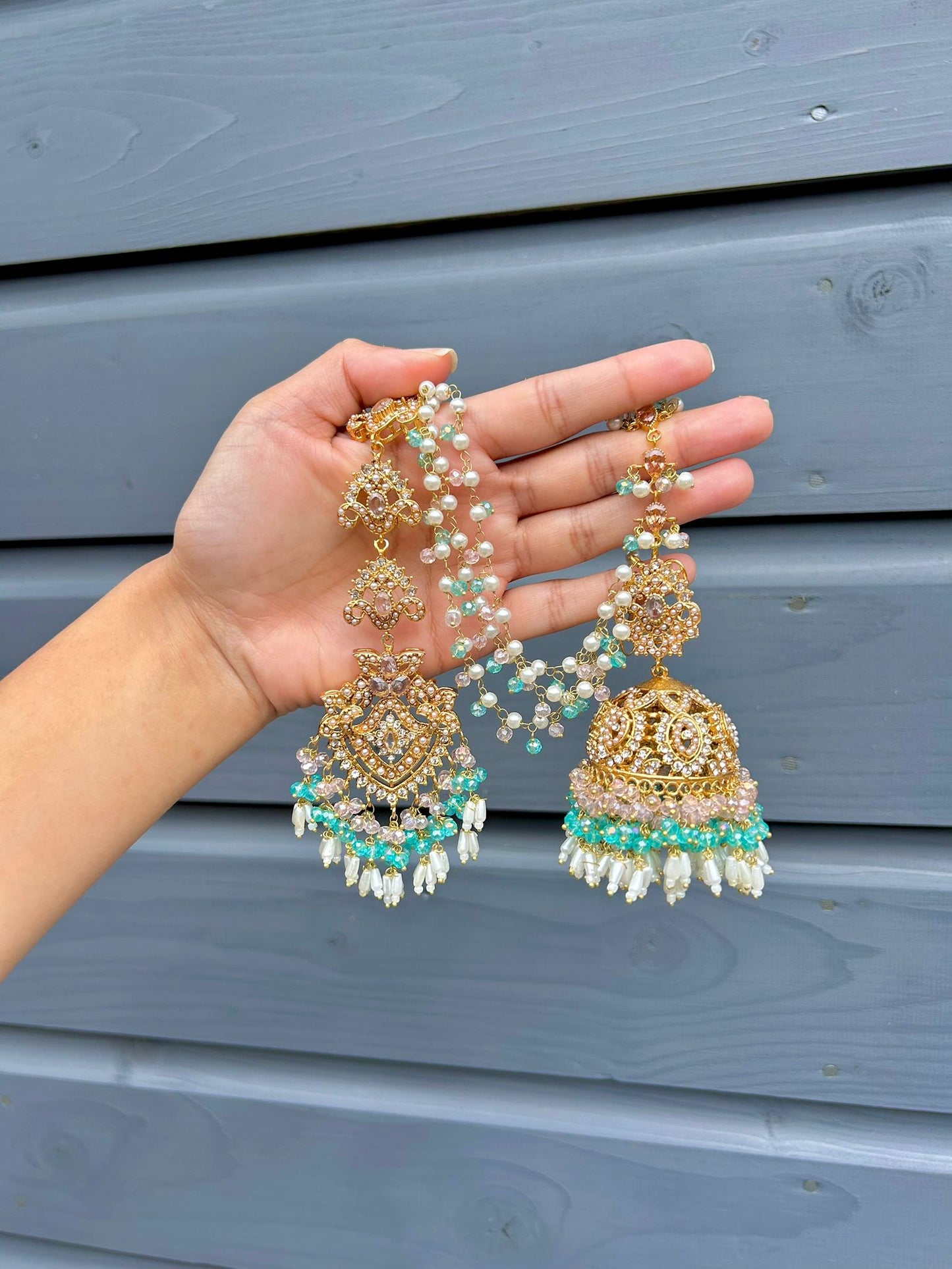 Natalia earring & tikka set ~ baby pink&aqua