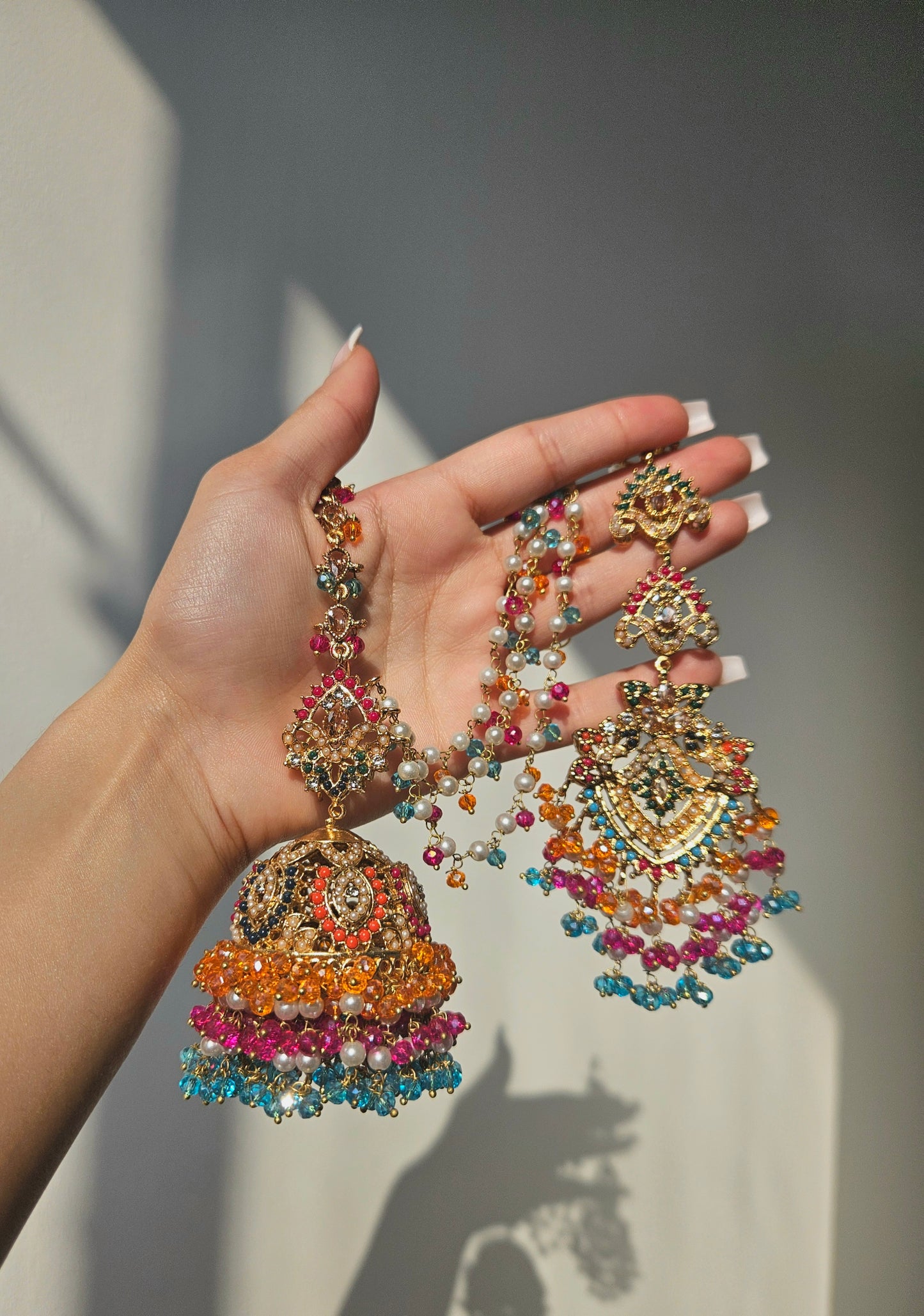 Natalia earring & tikka set ~ Orange, Pink & Blue multi