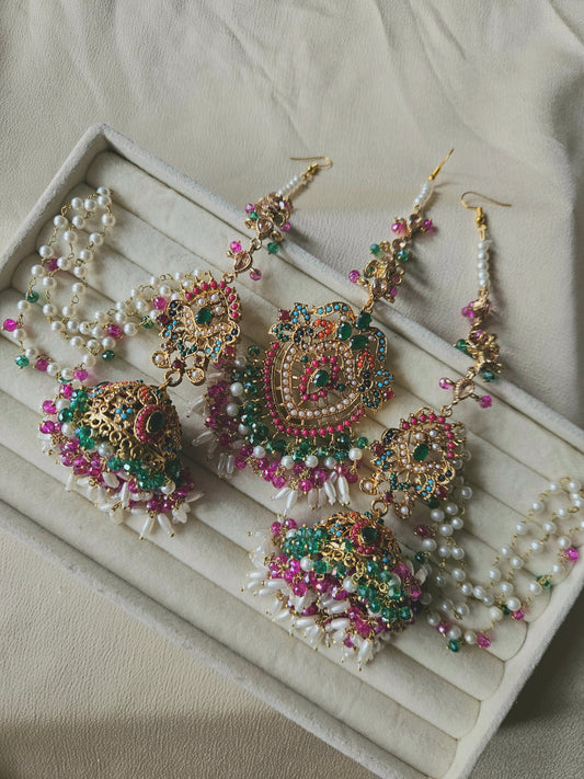 Hadia earring & tikka set ~ fuschia & dark green