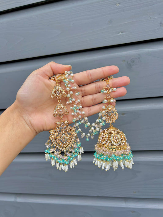 Natalia earring & tikka set ~ baby pink&aqua