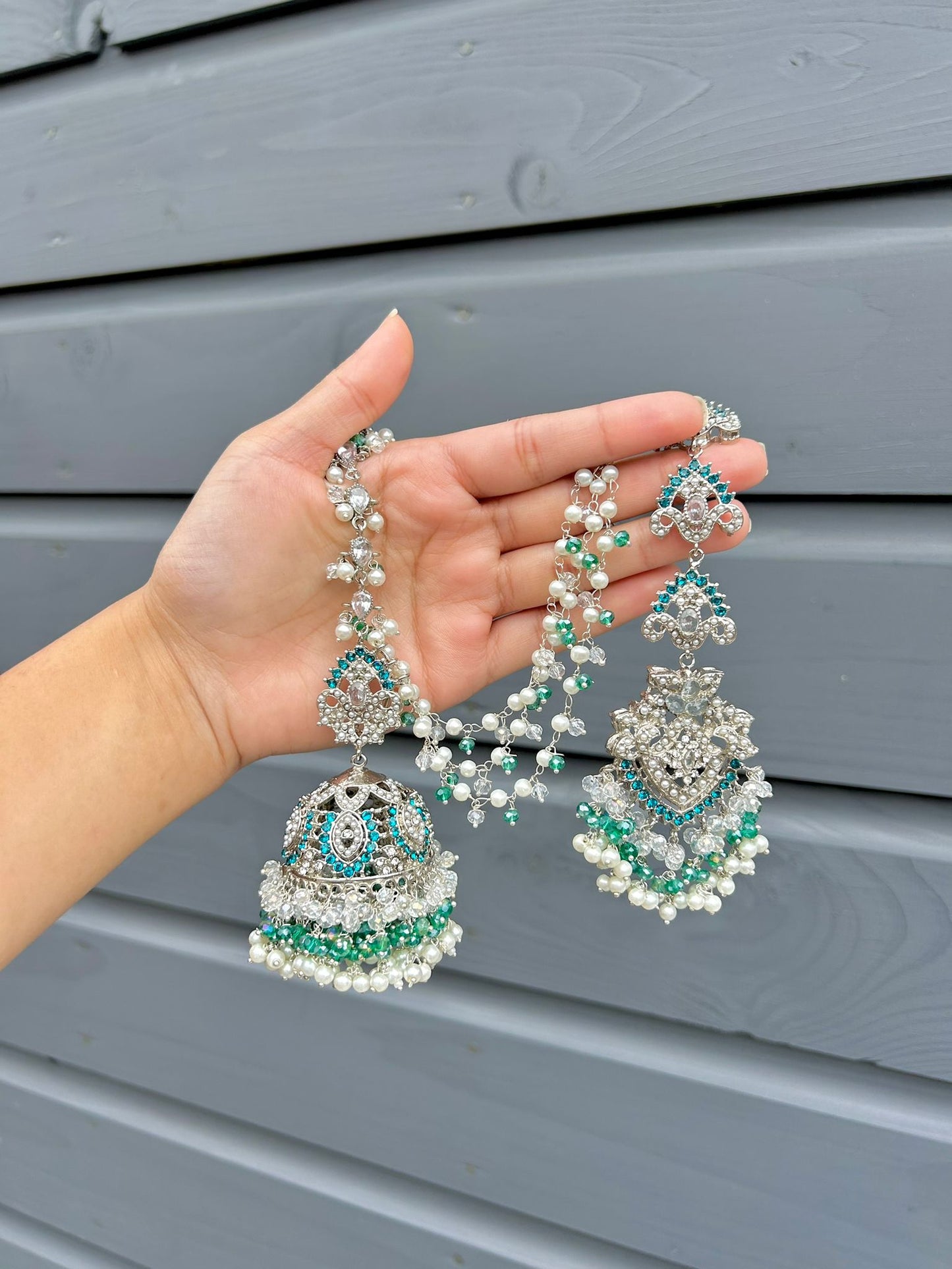 Natalia earring & tikka set ~ silver&blue-green shades