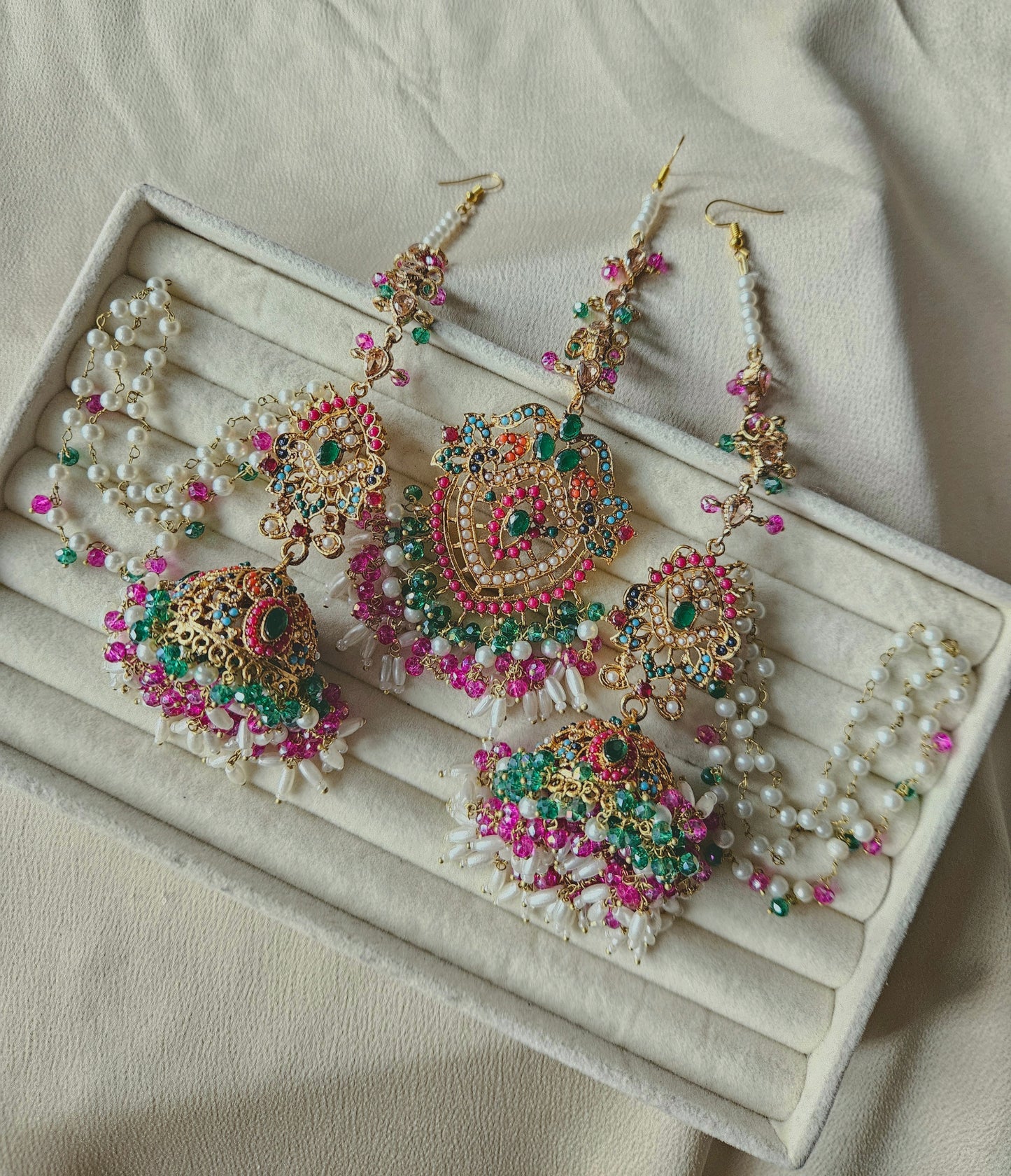 Hadia earring & tikka set ~ fuschia & dark green