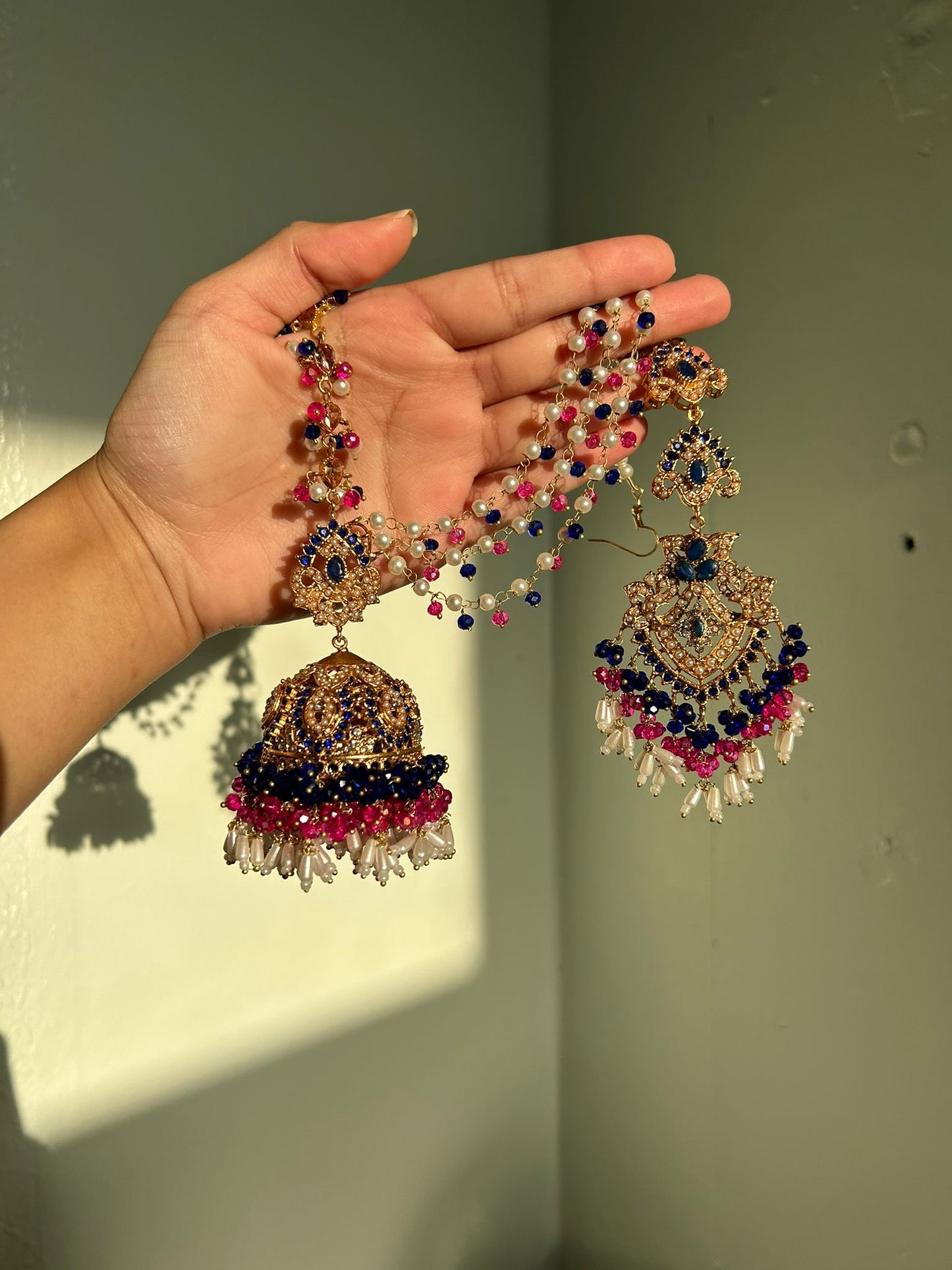 Natalia earring & tikka set ~ pink&royal blue