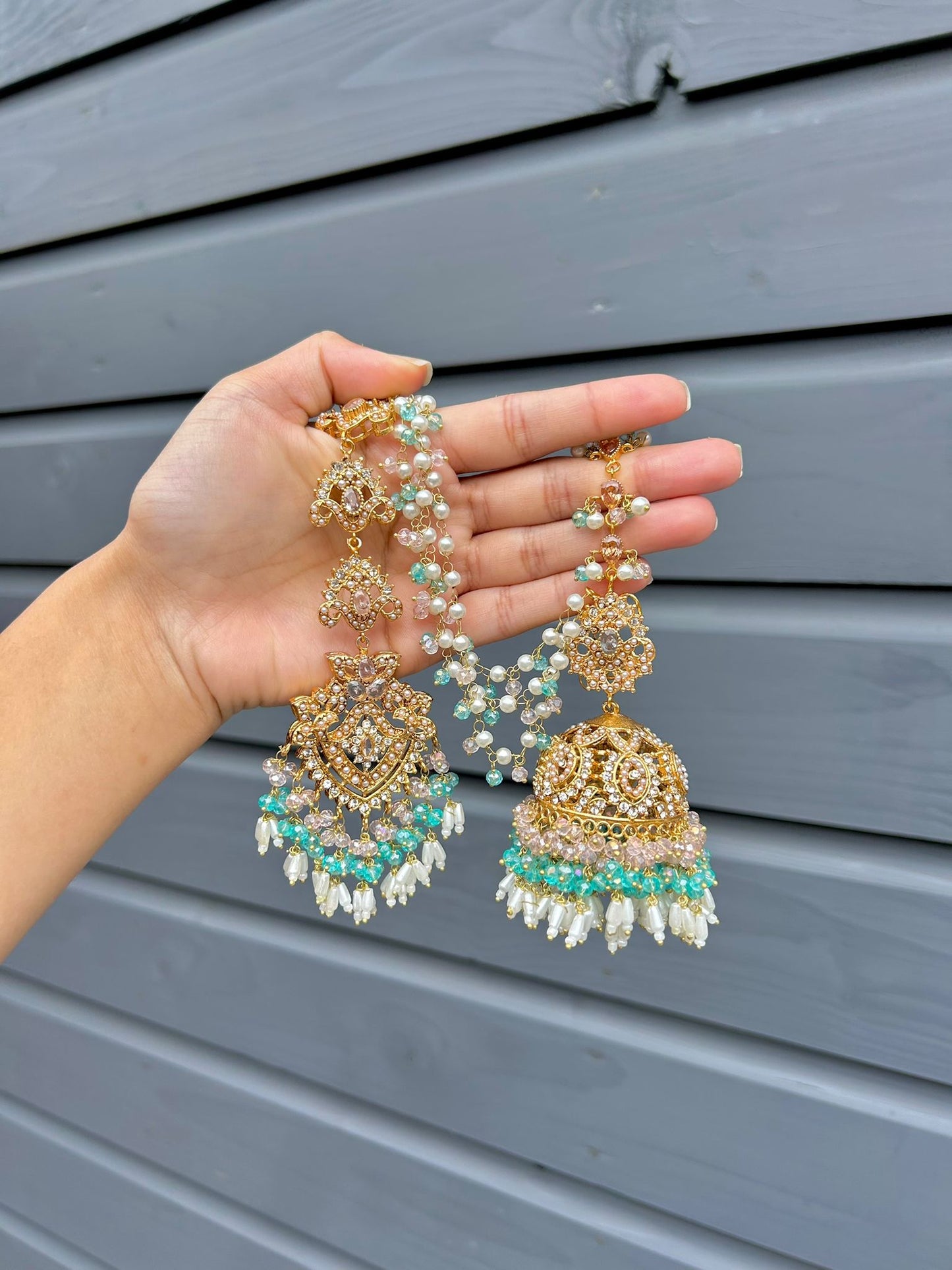 Natalia earring & tikka set ~ baby pink&aqua