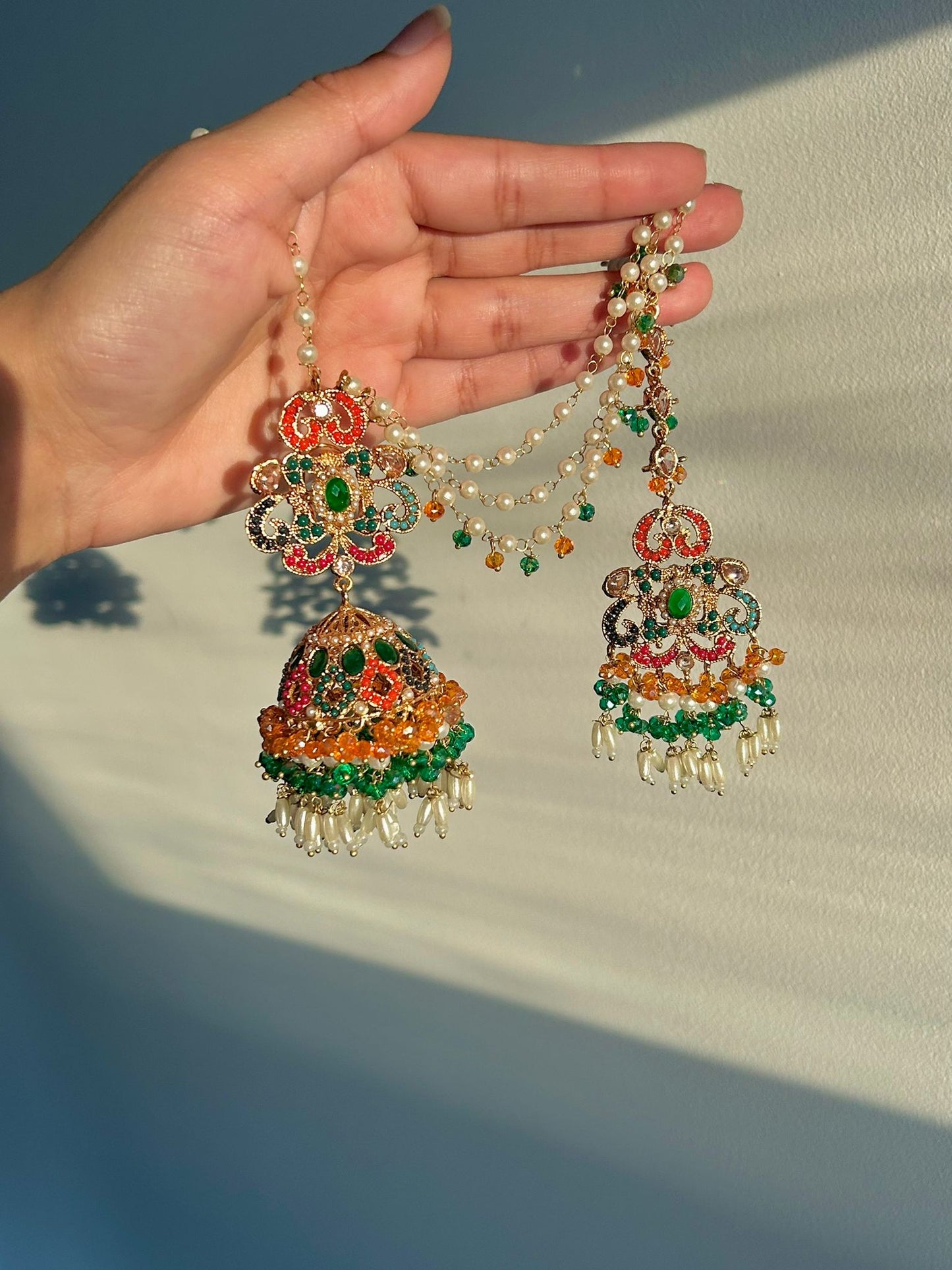 Amna earring & tikka set ~ Green&Orange