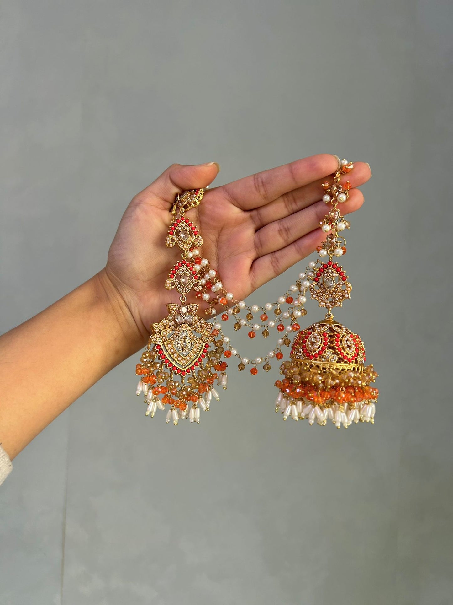 Natalia earring & tikka set ~ orange&red