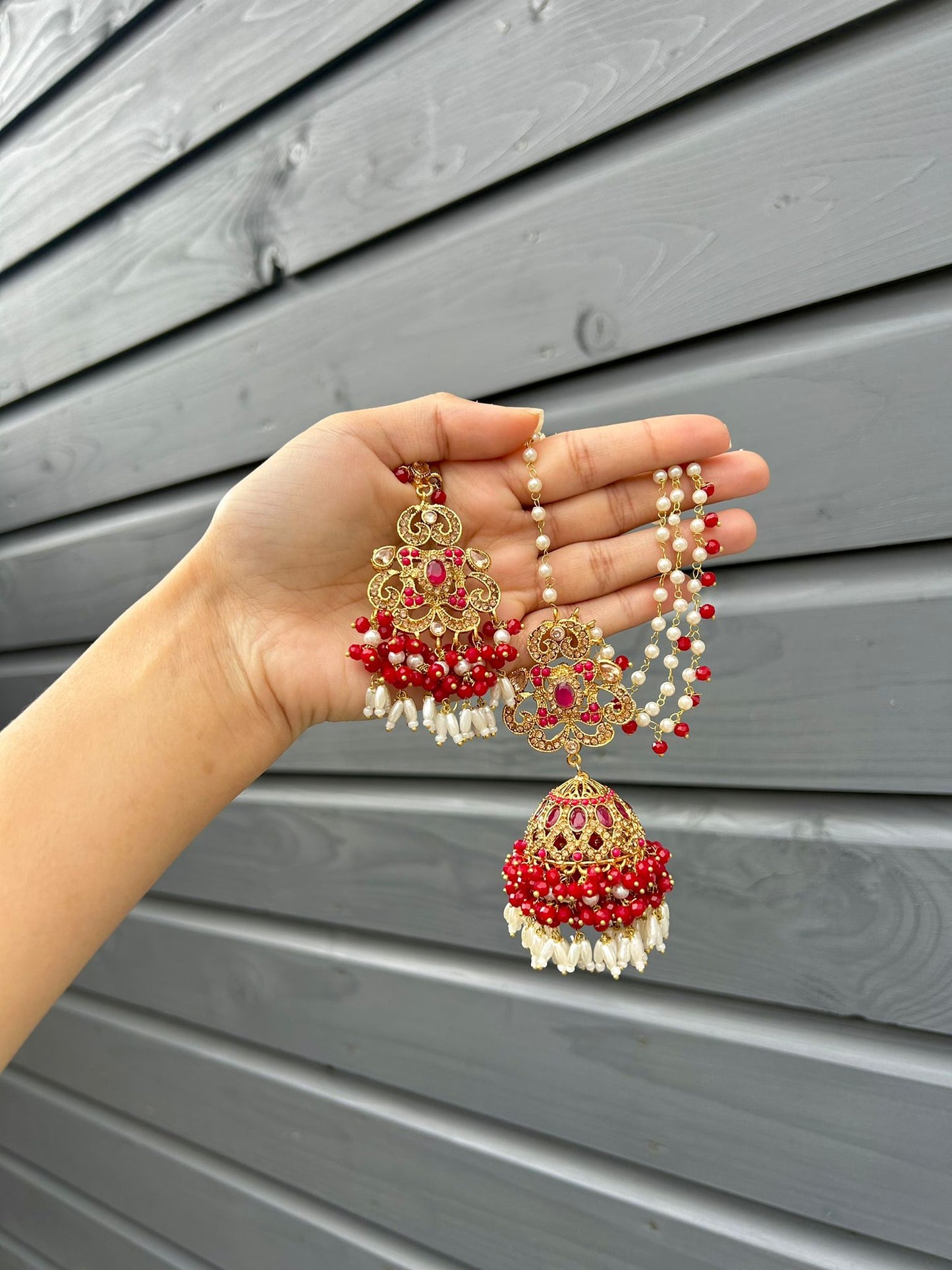 Amna earring & tikka set ~ Red