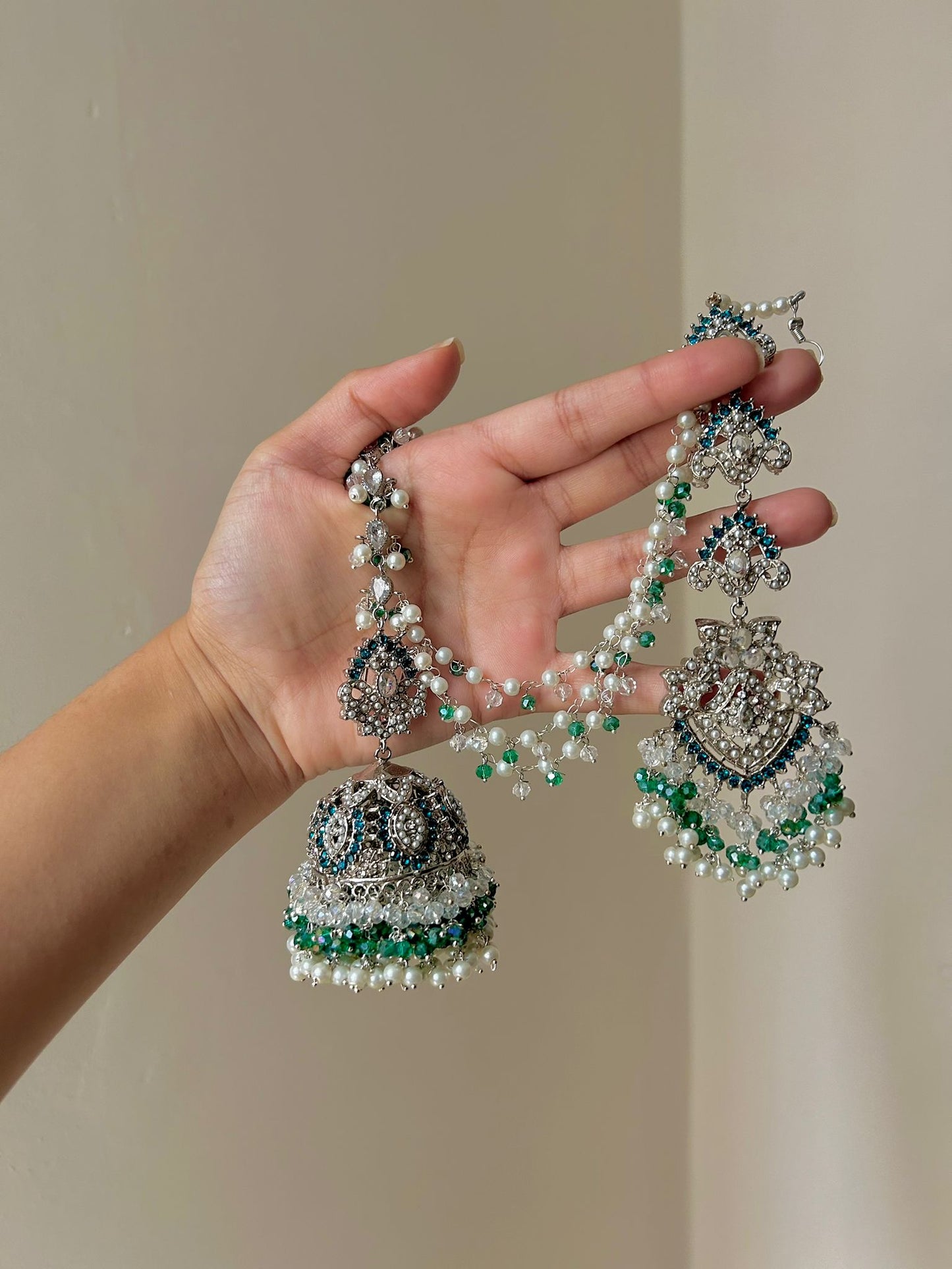 Natalia earring & tikka set ~ silver&blue-green shades