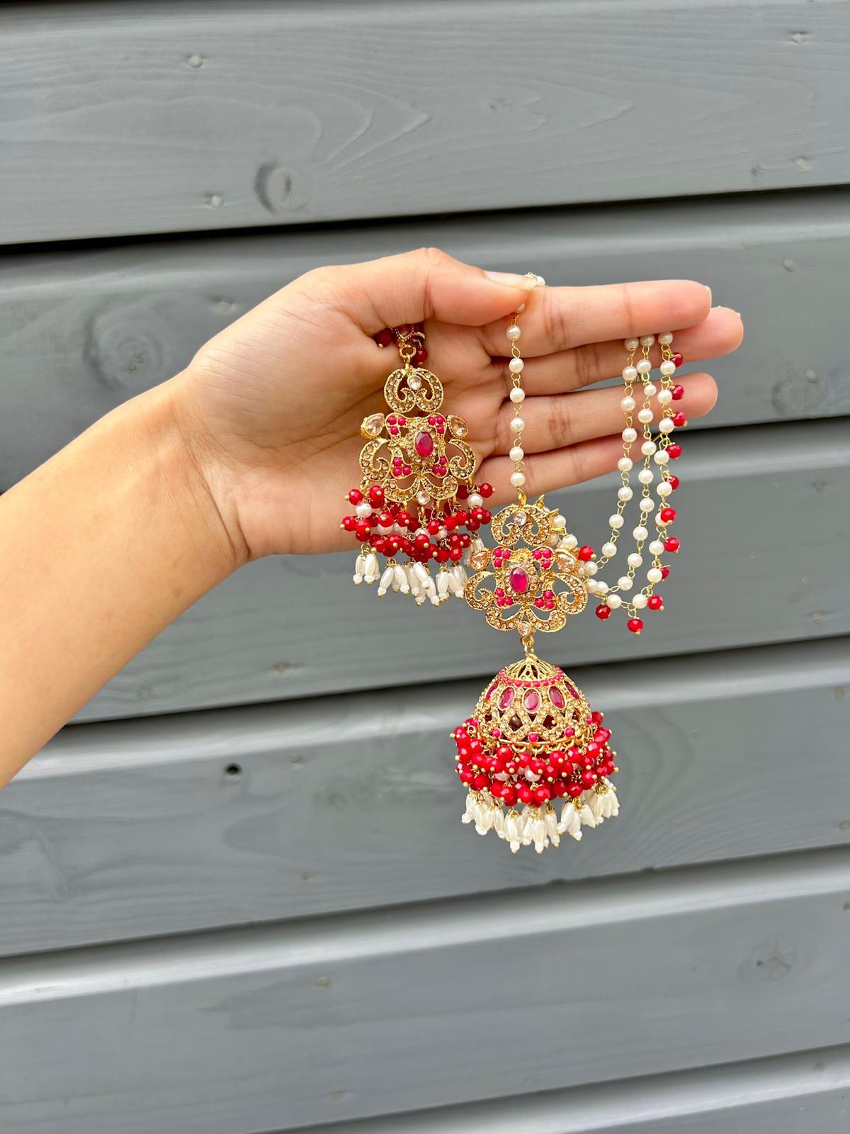 Amna earring & tikka set ~ Red