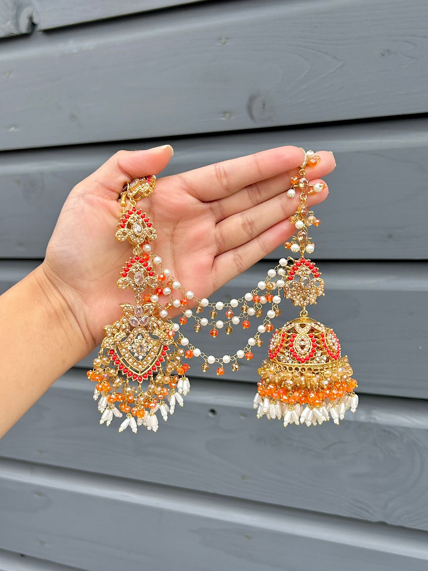 Natalia earring & tikka set ~ orange&red