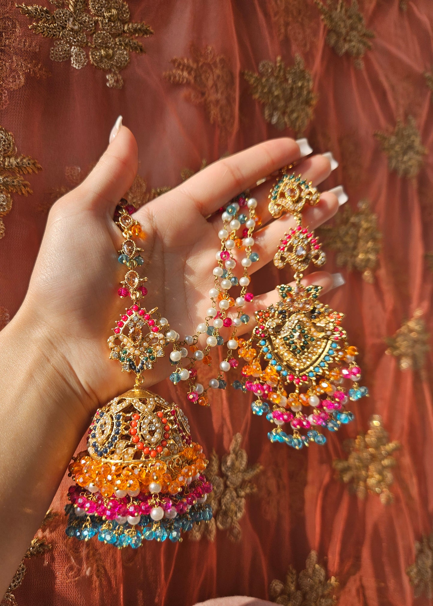 Natalia earring & tikka set ~ Orange, Pink & Blue multi