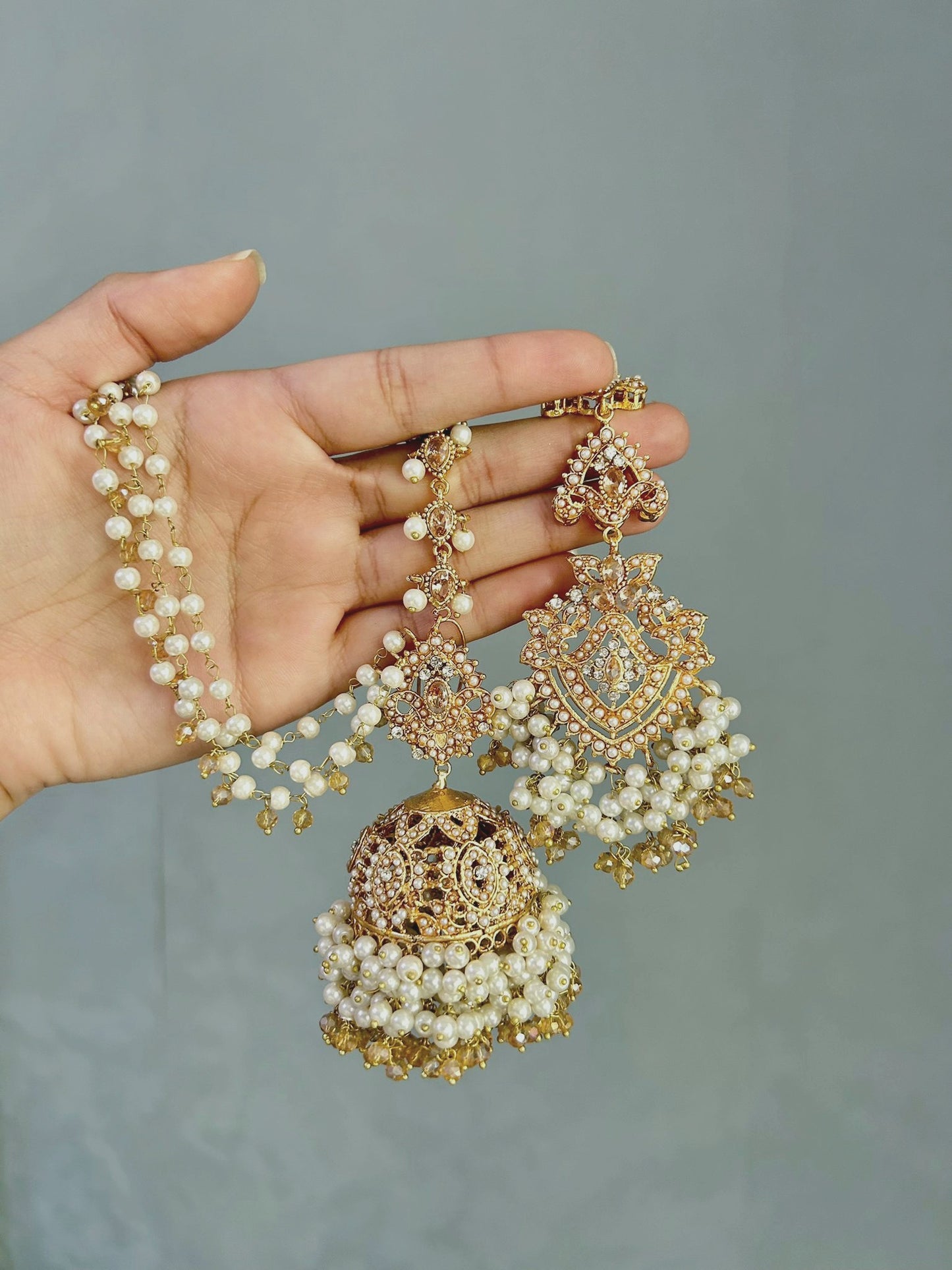 Natalia earring & tikka set ~ pearl&champagne