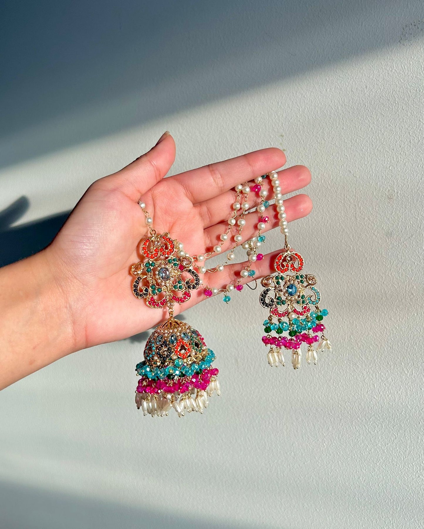 Amna earring & tikka set ~ Blue&Fuschia