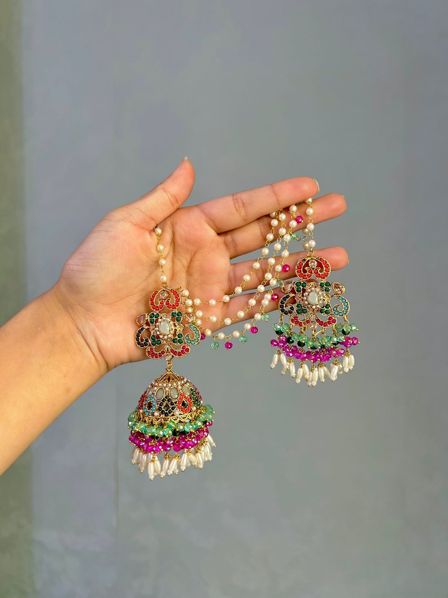 Amna earring & tikka set ~ Aqua&Fuschia