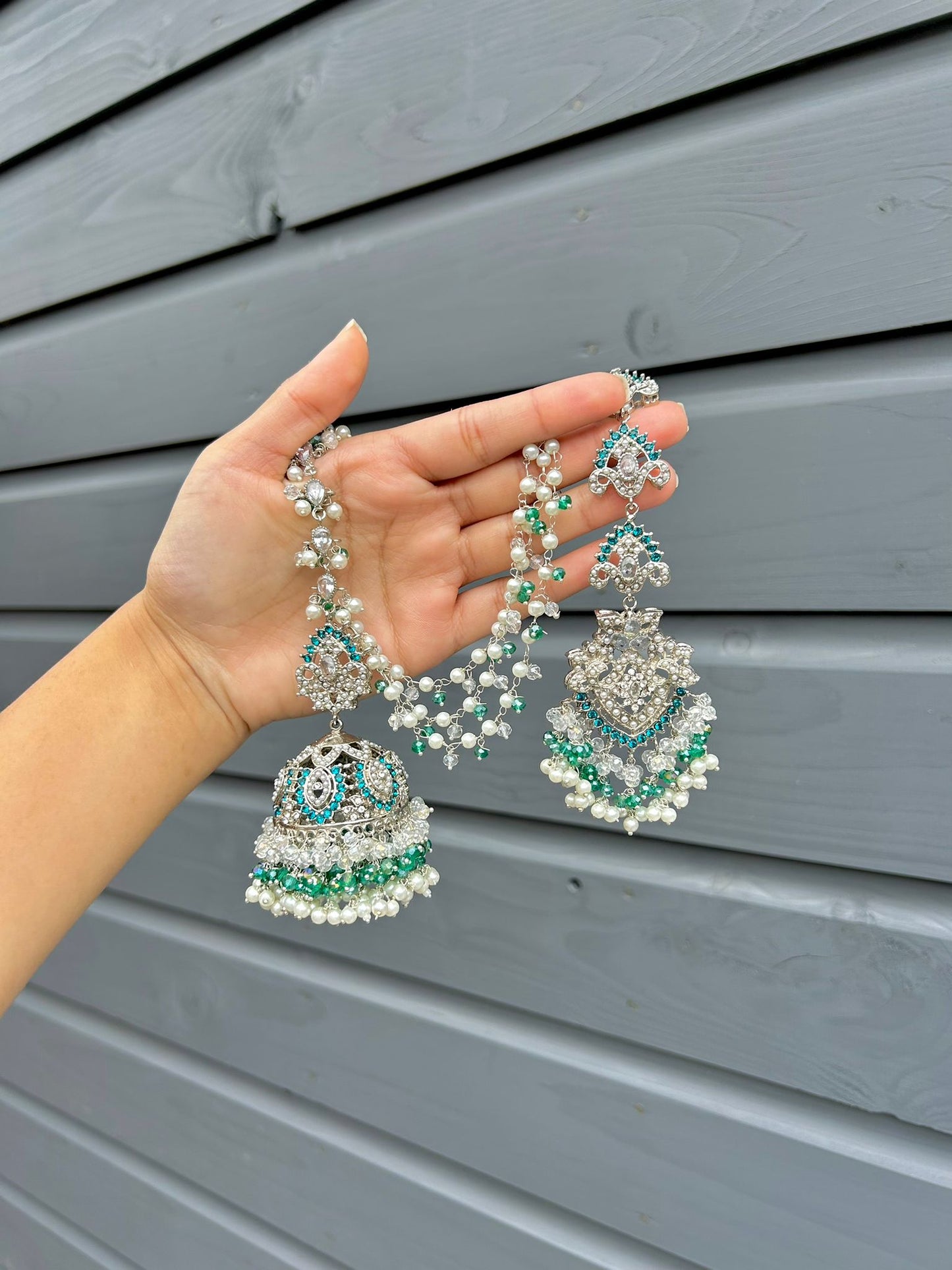 Natalia earring & tikka set ~ silver&blue-green shades