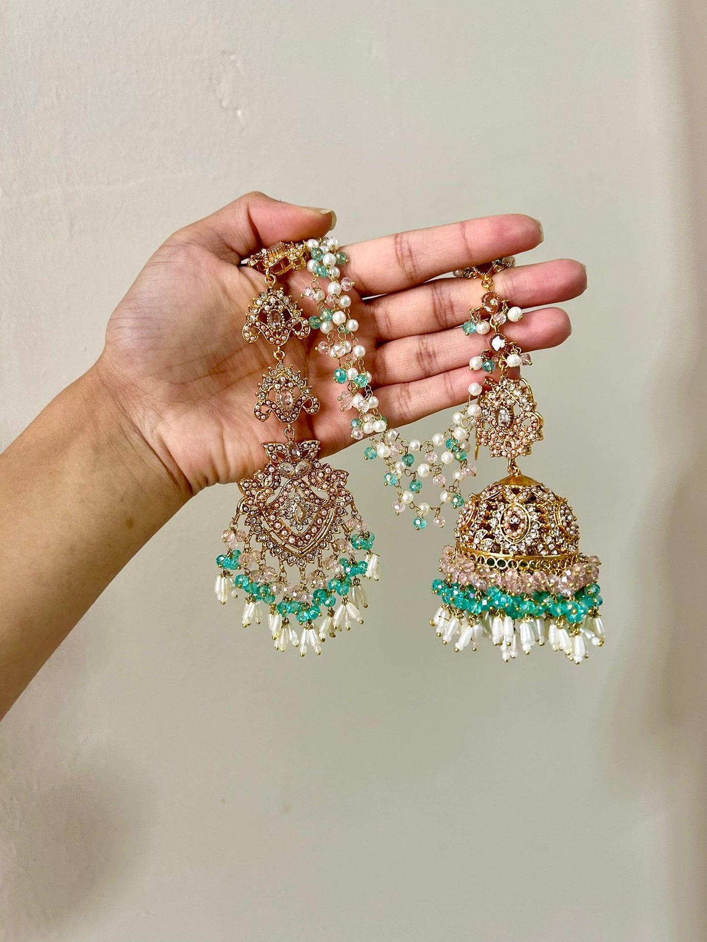 Natalia earring & tikka set ~ baby pink&aqua