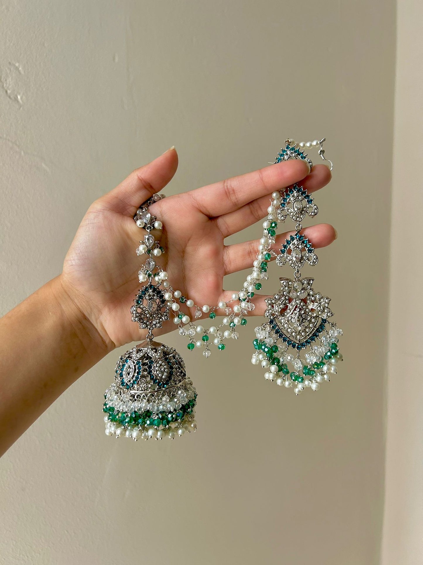 Natalia earring & tikka set ~ silver&blue-green shades