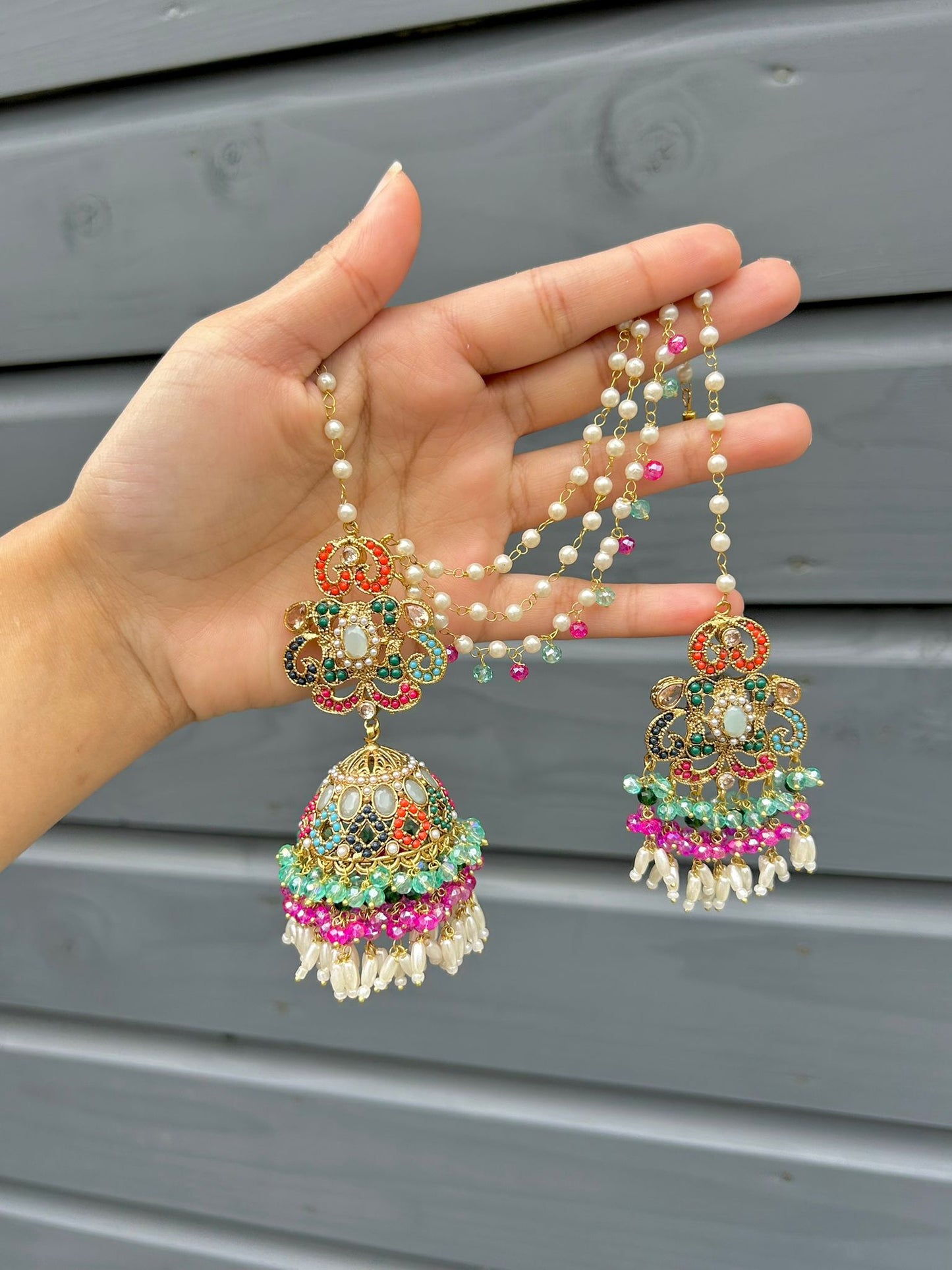 Amna earring & tikka set ~ Aqua&Fuschia