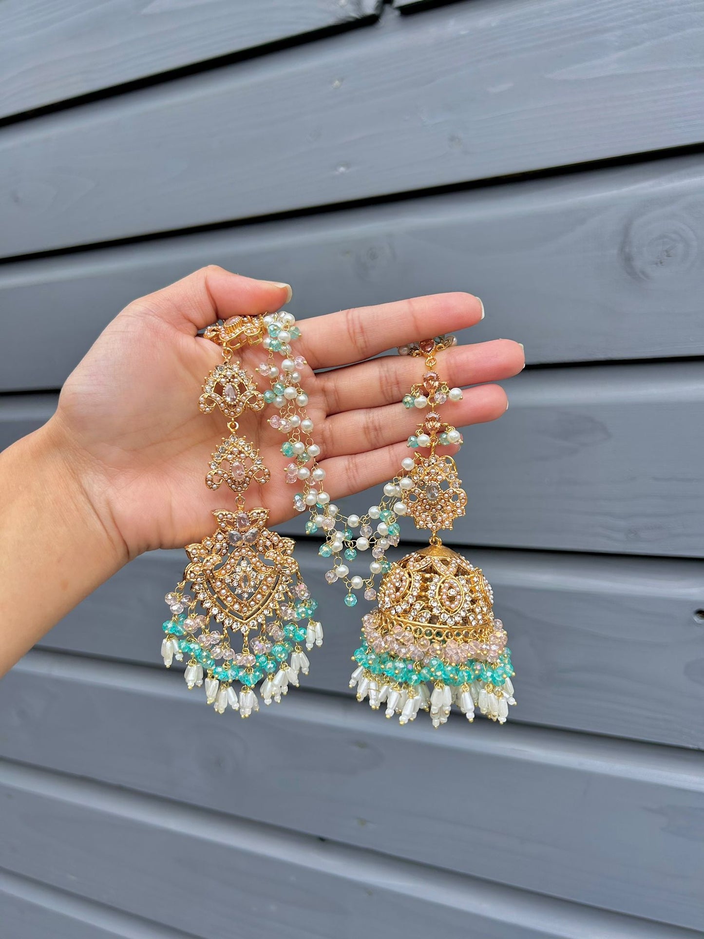 Natalia earring & tikka set ~ baby pink&aqua