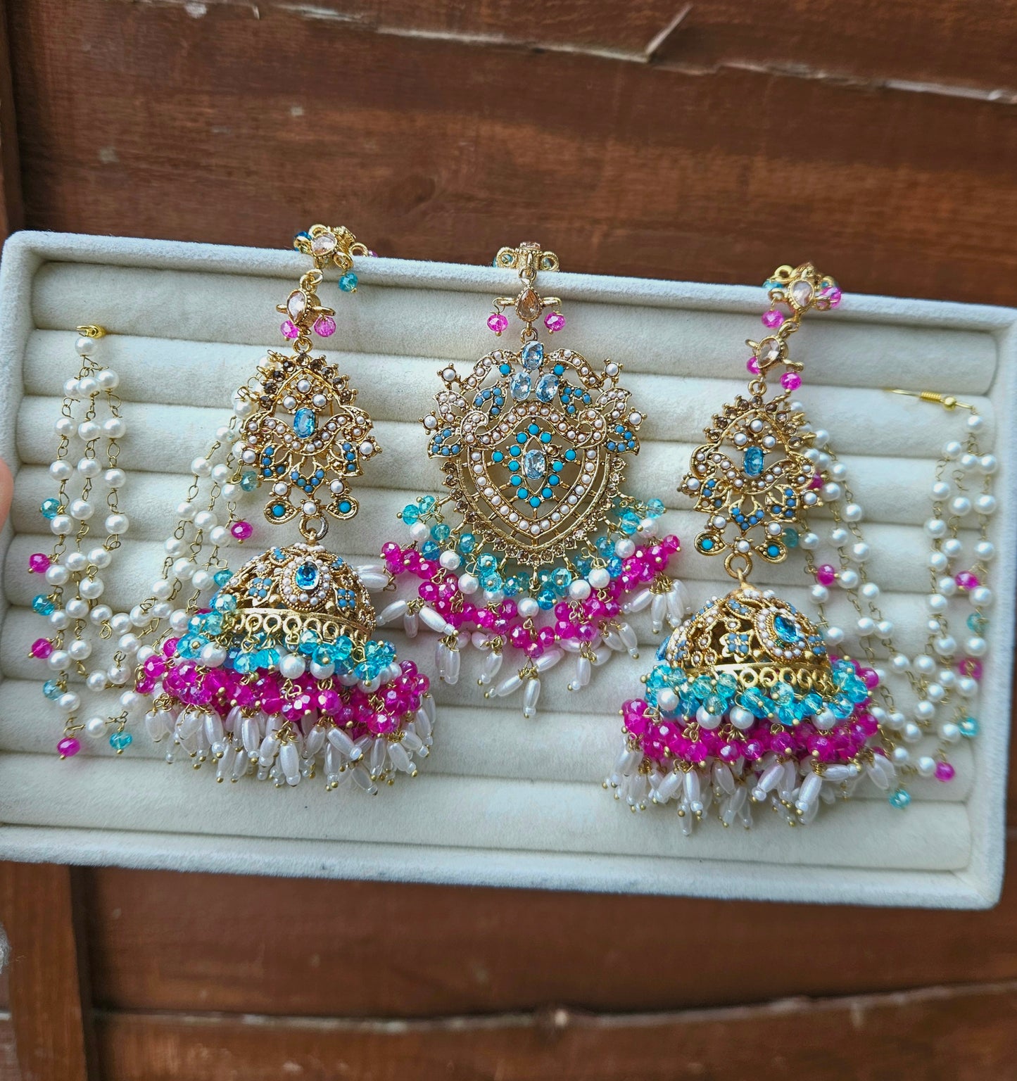 Hadia earring & tikka set ~ Fuschia & blue