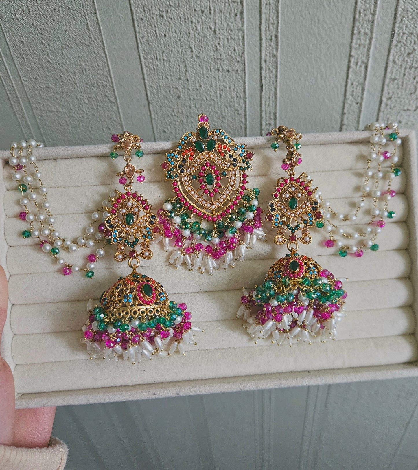 Hadia earring & tikka set ~ fuschia & dark green