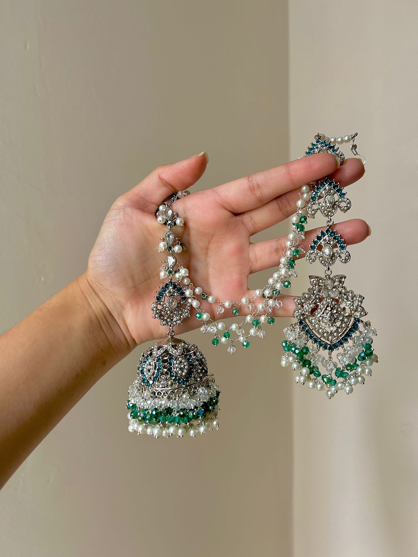 Natalia earring & tikka set ~ silver&blue-green shades