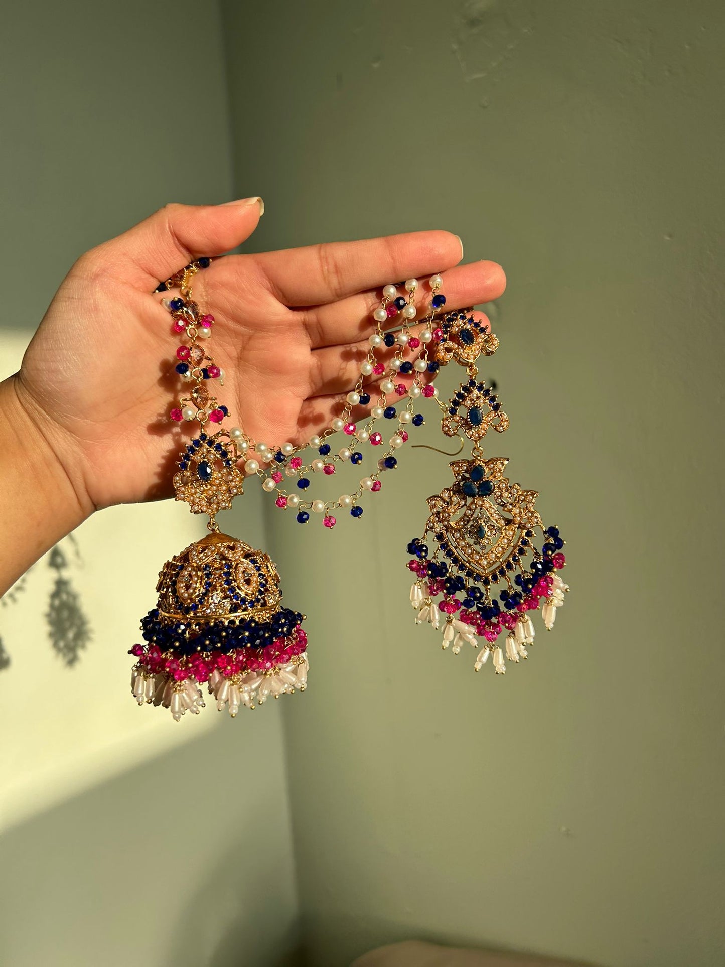 Natalia earring & tikka set ~ pink&royal blue