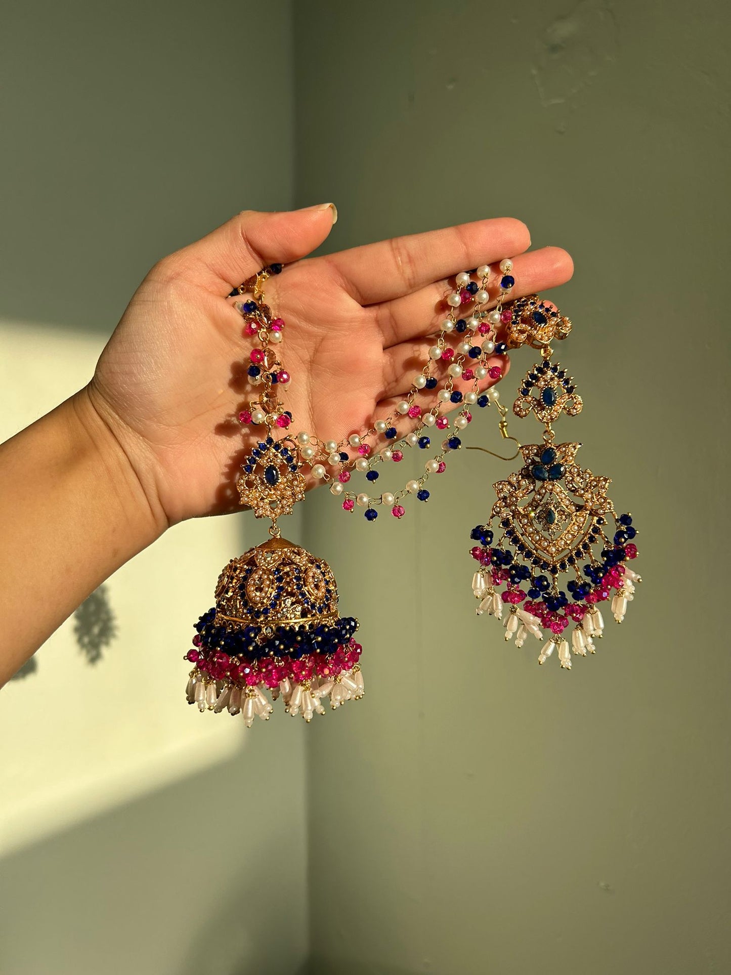 Natalia earring & tikka set ~ pink&royal blue