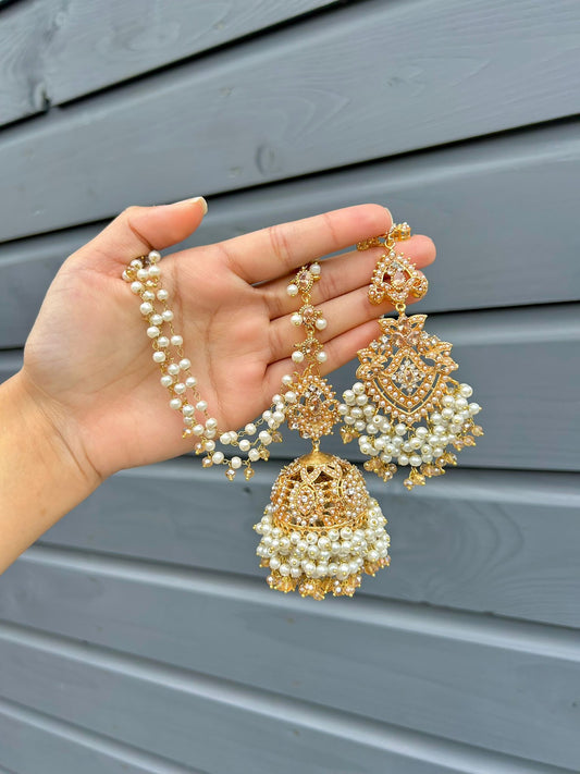 Natalia earring & tikka set ~ pearl&champagne