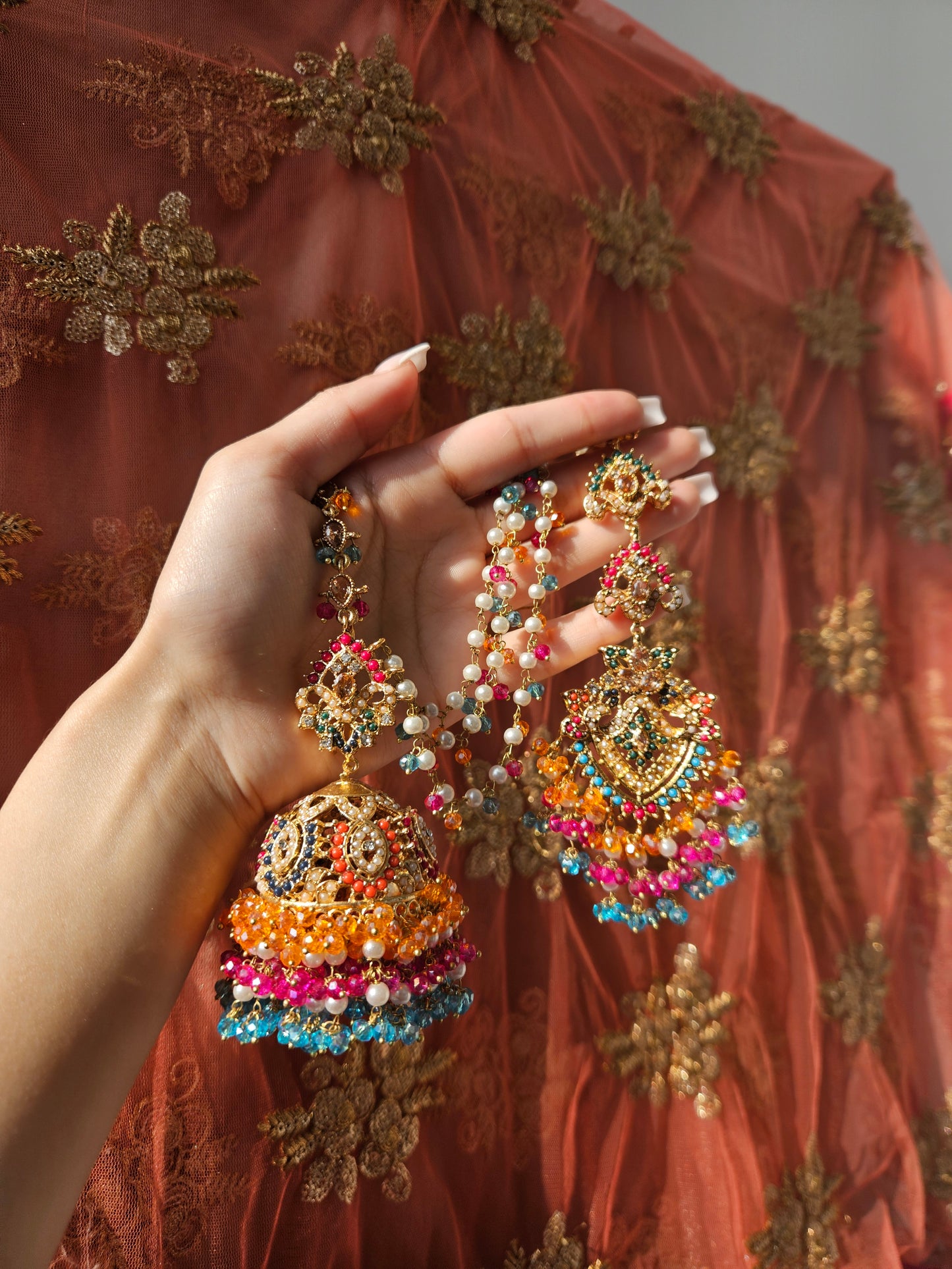 Natalia earring & tikka set ~ Orange, Pink & Blue multi