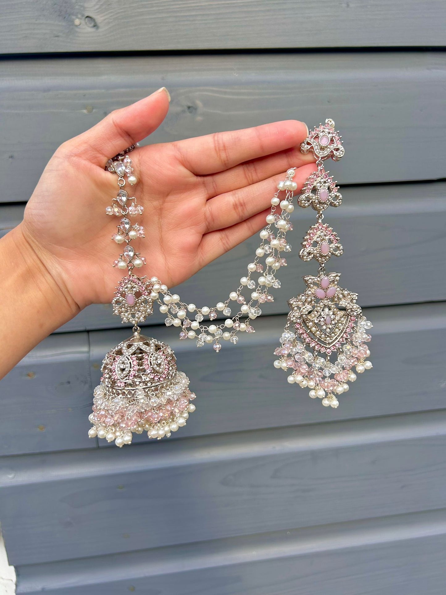 Natalia earring & tikka set ~ silver&baby pink