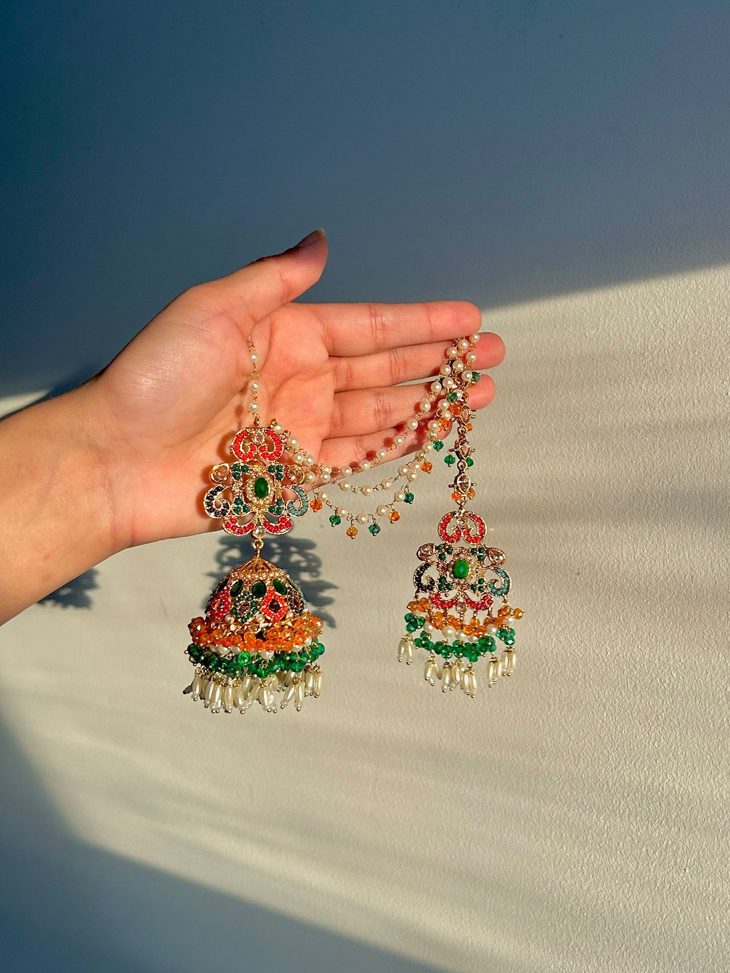 Amna earring & tikka set ~ Green&Orange