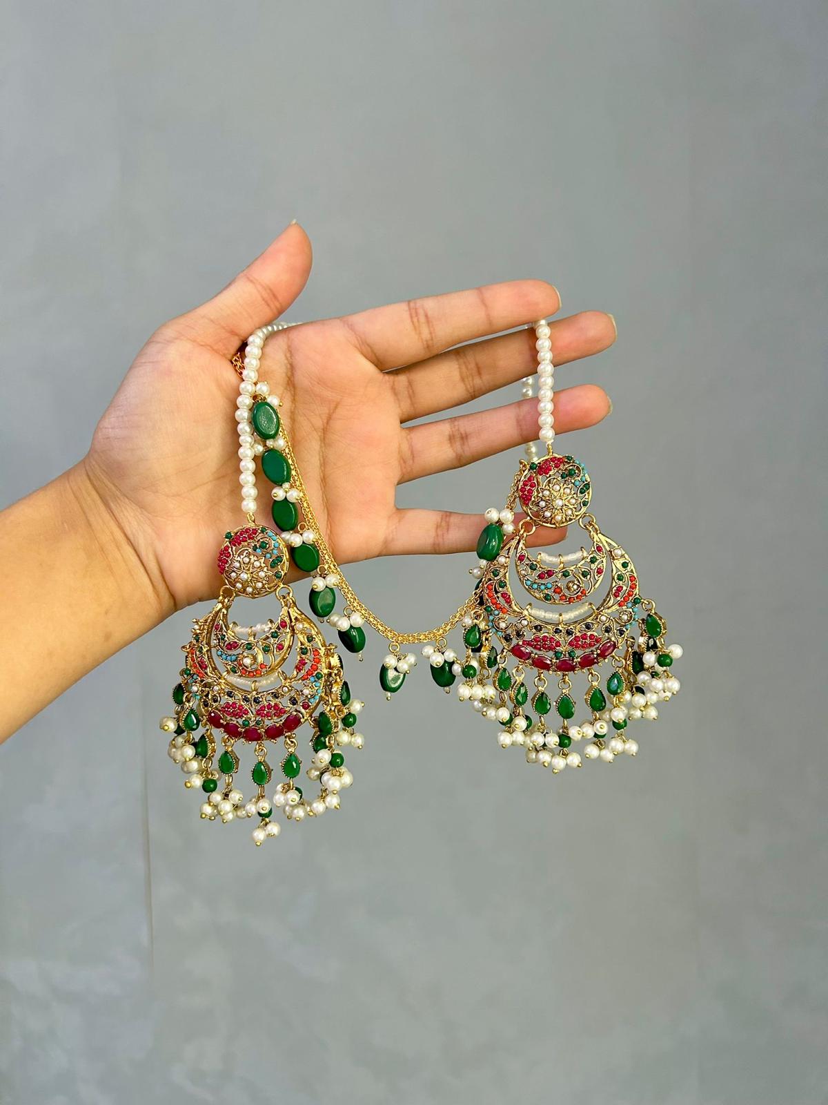 Zayna earring & tikka set ~ green